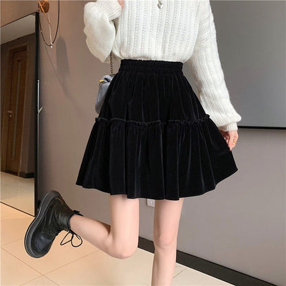 Black Velvet Patchwork Mini Skirt Women Sweet Solid A Line High Waist Skirt Fashion Pretty Style Pleated Summer Student Skirt