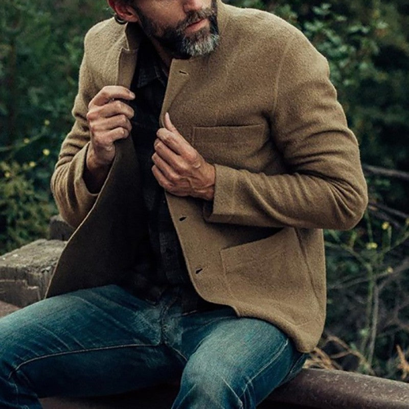 Men Woolen Coat Stand Collar Solid Color Windproof Autumn Winter Thicken Trench Coat Overcoat Business Windbreaker Streetwear