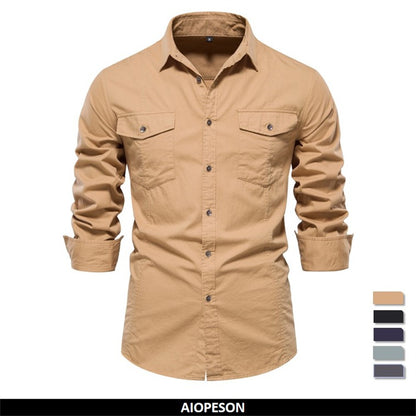 AIOPESON 2023 New Autumn Military Style 100% Cotton Pocket Shirt for Men Solid Color Slim Casual Men Shirts Long Sleeve