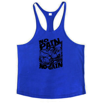 NO PAIN NO GAIN Print Gym Fitness T-Shirt Mens Bodybuilding Sport Sleeveless Vests Cotton Breathable Y-back Suspenders Tank Tops