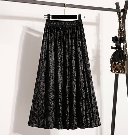 Autumn Winter Girls New A-line Velvet Skirt 2025 Plus Size Gold Velvet Half Pleated Skirt Solid Versatile High Waist Mid Skirt