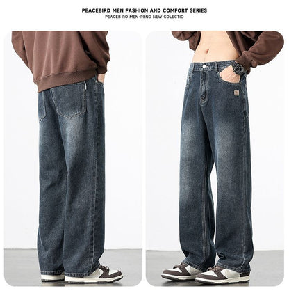 Calça Jeans Masculina Reta Vintage de Primavera Outono Calça Casual de Alta Qualidade Masculina Coreana Moderna Folgada de Perna Larga