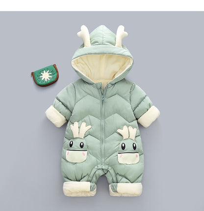 Demin-season Winter Kids Boys Rompers 2025 Cartoon Pockets Hooded Bodysuit For 0-3Y Newborn Infant Babys Boys One-piece Jumpsuit