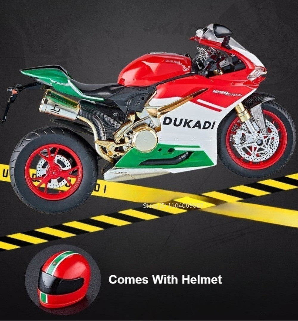 Modelos de motocicleta em miniatura 1:9 Scale 1299 V4S Brinquedos de motocicleta de liga leve com som, luz e absorção de choque, motocicletas de ornamento para presentes infantis