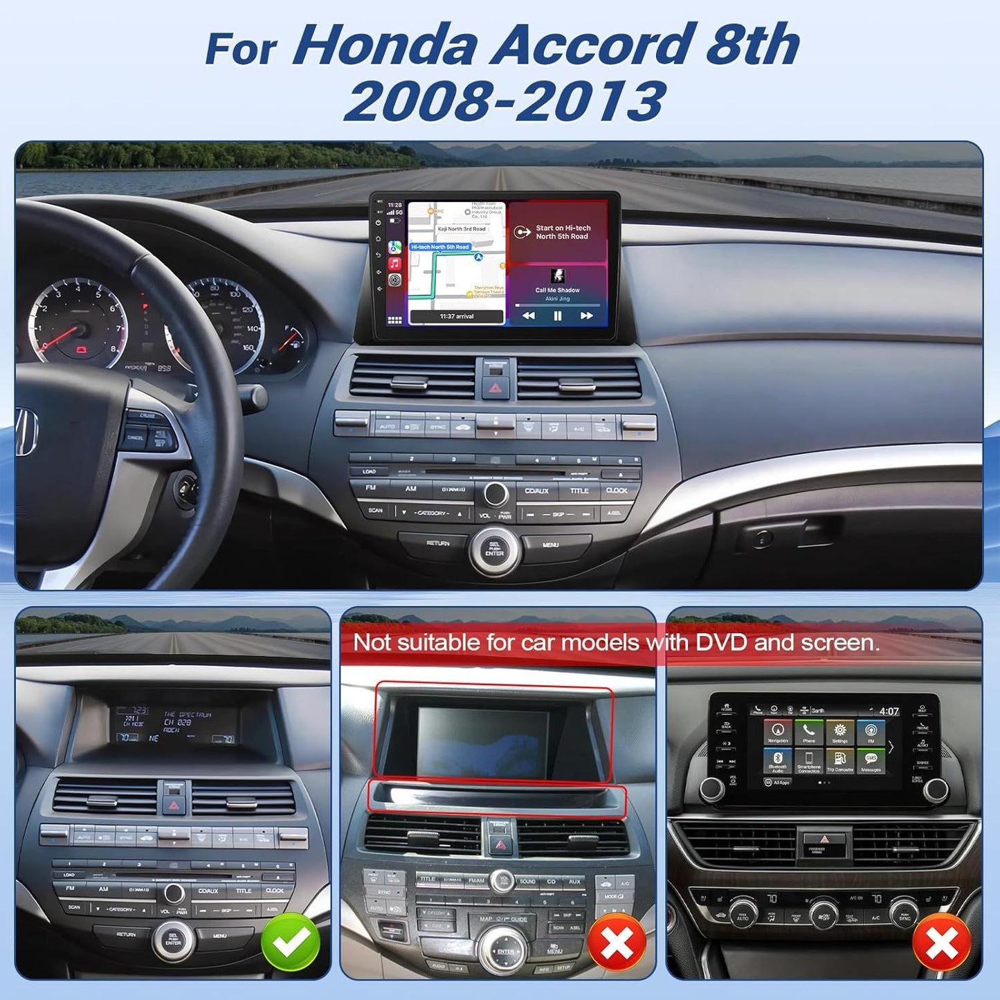 10.1 Inch Wireless Car Radio for Honda Accord 8th 2008-2013 CarPlay Android Auto Touchscreen Car Stereo with Rear Camera GPS FM