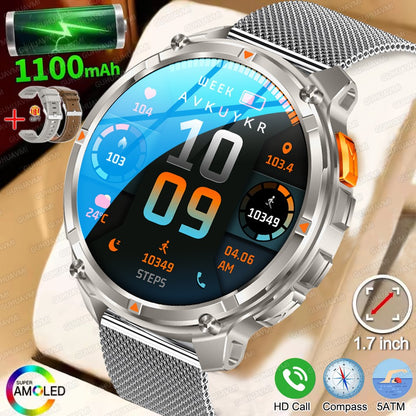 Relógio Inteligente Militar com Bússola GPS Masculino Bateria 1100mAh Lanterna Frequência Cardíaca 100+ Modos Esportivos Chamada Bluetooth Smartwatch à Prova d'Água