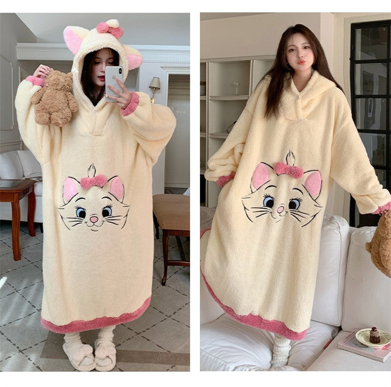 Camisola de Gatinha Marie da Disney Kawaii Desenho Animado Feminino Inverno Veludo Coral Longo Veludo Grosso Solto com Capuz Robe de Banho
