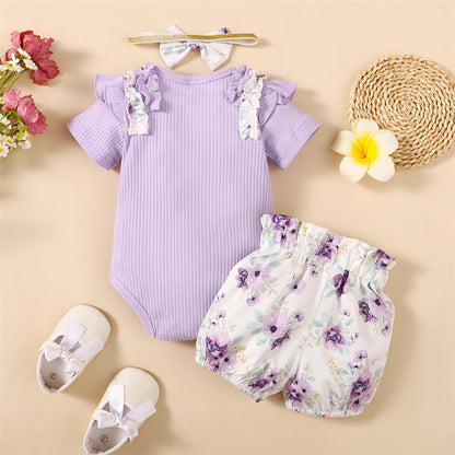 0-18Months Baby Girl Clothes Set Purple Short Sleeve Romper + Flowers Shorts with Headband Toddler Girl Summer 3PCS Outfit