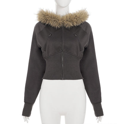 2025 New Autumn Winter Hooded Jackets Fashion Women Long Sleeve Slim Y2K Zipper Vintage Coats High Street Fleece Pocket Outwear