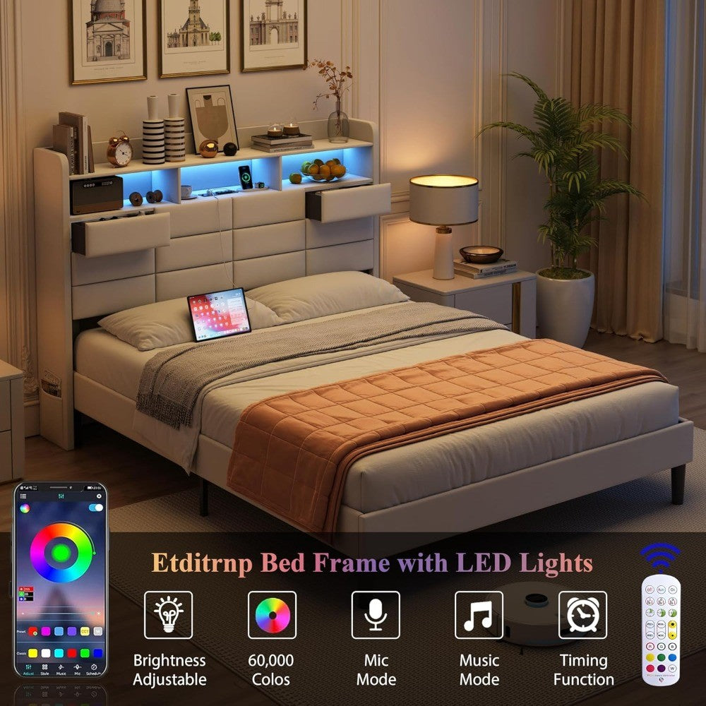 Queen Size LED Bed Frame with Storage, 2 Hidden Drawers, Charging Station, and Velvet Upholstery
