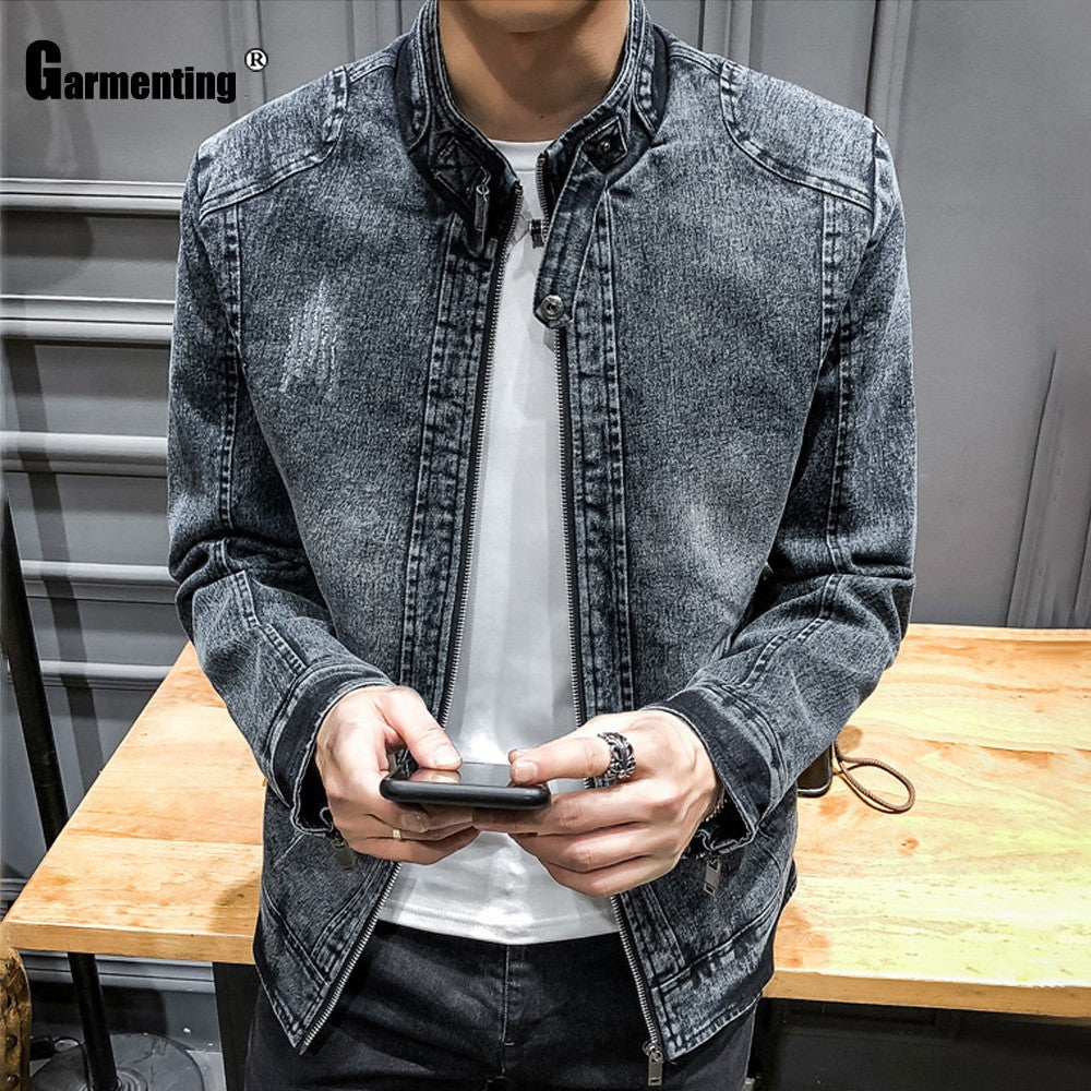 Garmenting Men Demin Jackets Trendy 2021 Autumn Winter Mandarin Collar Outerwear Zipper Up Demin Jacket Slim Fitted Male Clothes