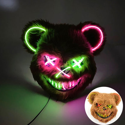 LED Bloody Rabbit Mask Glowing Killer Black Bear Mask Halloween Dance Party Cosplay Costume Props Assassinated Plush Rabbit Mask