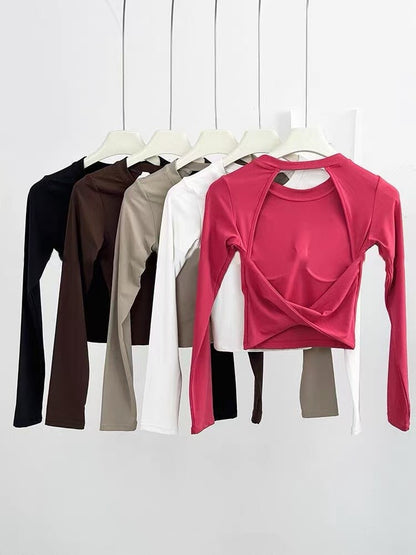 Yoga Long Sleeved Women's Fixed Chest Cushion Sexy Backless Short Sports T-shirt With Waist Cinching And Slimming Fitness Vest