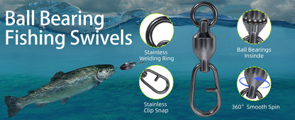 Anzóis giratórios de pesca 9KM Snap 25~100 peças, anel dividido, rolamento de esferas de pesca, girador, conectores de isca de pesca de carpa, clipe de força, pressão de água salgada