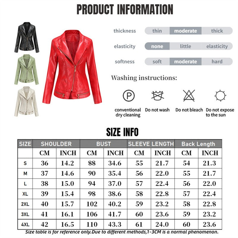 Women's Bright Red Lapel PU Jacket, Zippered Embellished Leather Jackets, Women Fashion Casual Coat of Female Outerwear