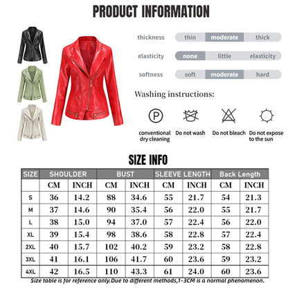 Women's Bright Red Lapel PU Jacket, Zippered Embellished Leather Jackets, Women Fashion Casual Coat of Female Outerwear