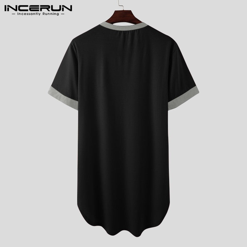 INCERUN 2024 Men Sleep Robes Short Sleeve V Neck Nightgown Patchwork Cozy Homewear Fashion Loose Mens Bathrobes Dressing Gown