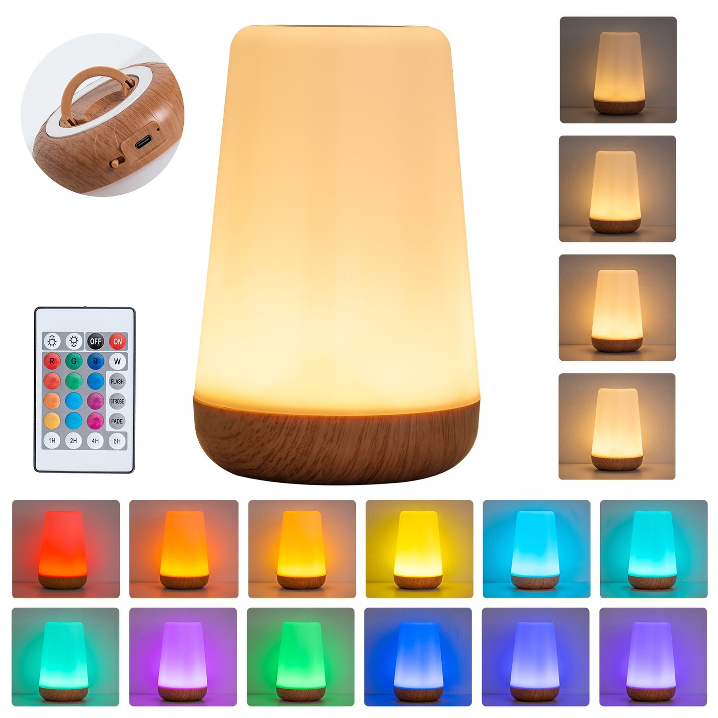 13 RGB Color Changing Portable Bedside Lamp Dimmable Remote Control USB Rechargeable Touch Night Light for Living Room Bedroom G