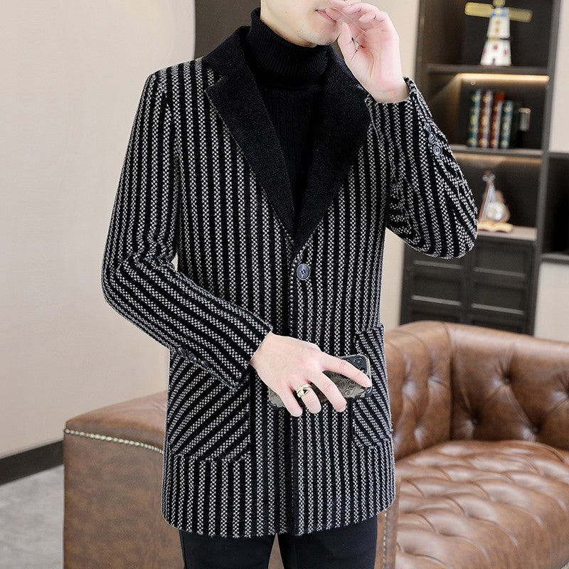Classic Autumn Winter Men's Mid-Length Woolen Coats Casual Striped Overcoat Outwear Windbreaker Business Warm Long Jackets
