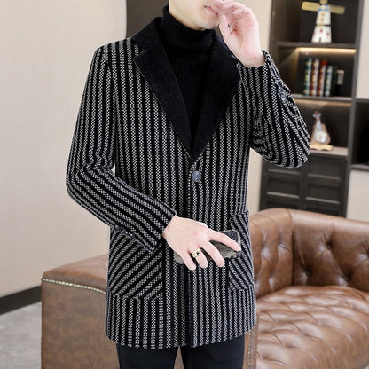 Classic Autumn Winter Men's Mid-Length Woolen Coats Casual Striped Overcoat Outwear Windbreaker Business Warm Long Jackets
