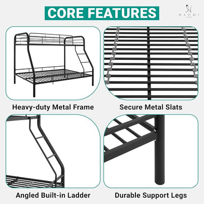 Twin Over Full Metal Bunk Bed with Safety Guardrails, 800 lbs Capacity, Angled Ladder, Underbed Storage, Black, Moder