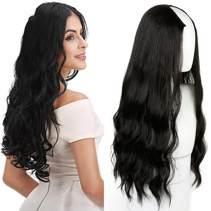 Meia Peruca Cacheada Longa Ondulada em U para Mulheres 60 cm Natural Feminina Peruca Longa Preta Marrom Extensões de Cabelo Sintético Resistente ao Calor