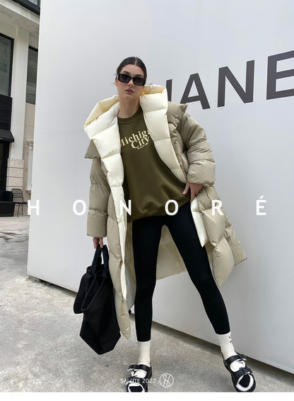 Janveny Fluffy White Duck Down Jacket Women Winter Thickness Warm Long Puffer Coat Hooded Female Fashion Fake Two-piece Parkas