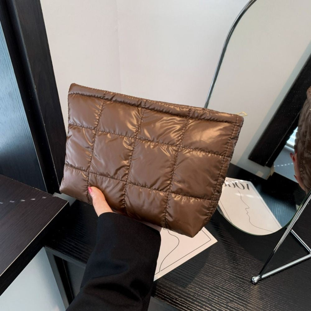 Cotton Filled Puffer Pouch Large Capacity Storage Purse Puffer Padded Makeup Bag Sewn Waterproof Thick Plaid Clutch Bag Daily