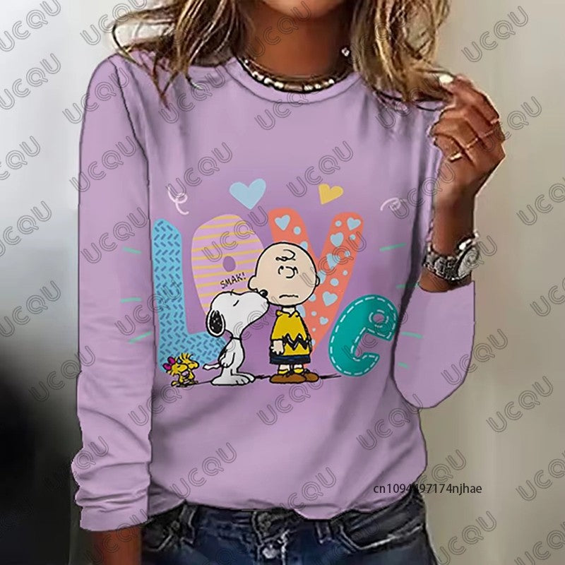 Autumn Winter New Cartoon Snoopy Print Women's Long Sleeve T-shirt Fashion O-neck Tees Casual Sweatshirt Oversize Female Clothes