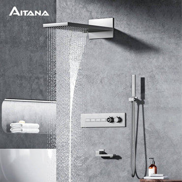 Luxury gun gray brass thermostatic shower system wall mounted LED digital display hot and cold water bathroom embedded faucet