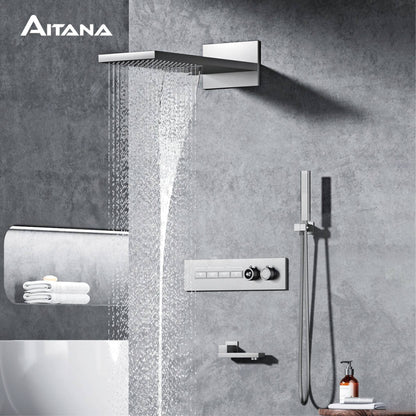 Luxury gun gray brass thermostatic shower system wall mounted LED digital display hot and cold water bathroom embedded faucet