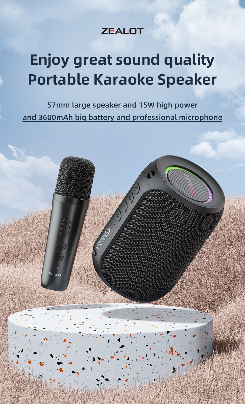 ZEALOT-S62M Karaoke Machine Portable Bluetooth 5.3 Speaker System with 1-2 Wireless Microphones Home Family festival Gifts