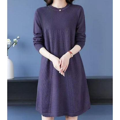Women's Clothing Elegant All-match Solid Knit Dresses Autumn Winter New Casual Loose Long Sleeve Knee-Length Sweater Pullovers
