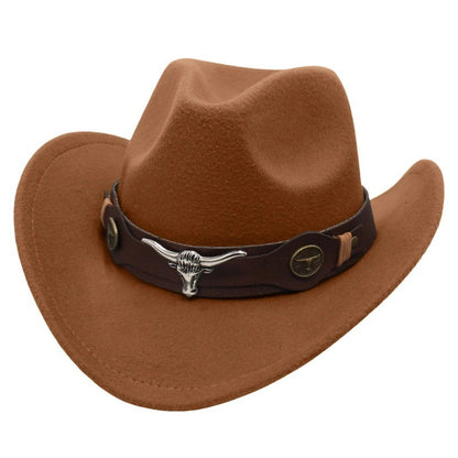 New Felt Western Cowboy Hat Ox Head Accessories Ethnic Style Roll Brim Cowgirl Cap with Cow Band Soft Jazz Fedora Hats Men