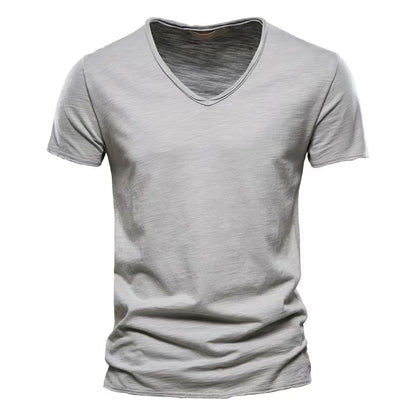 2024 hot summer men's new solid color V-neck pure cotton short sleeved T-shirt hot selling men's T-shirt top