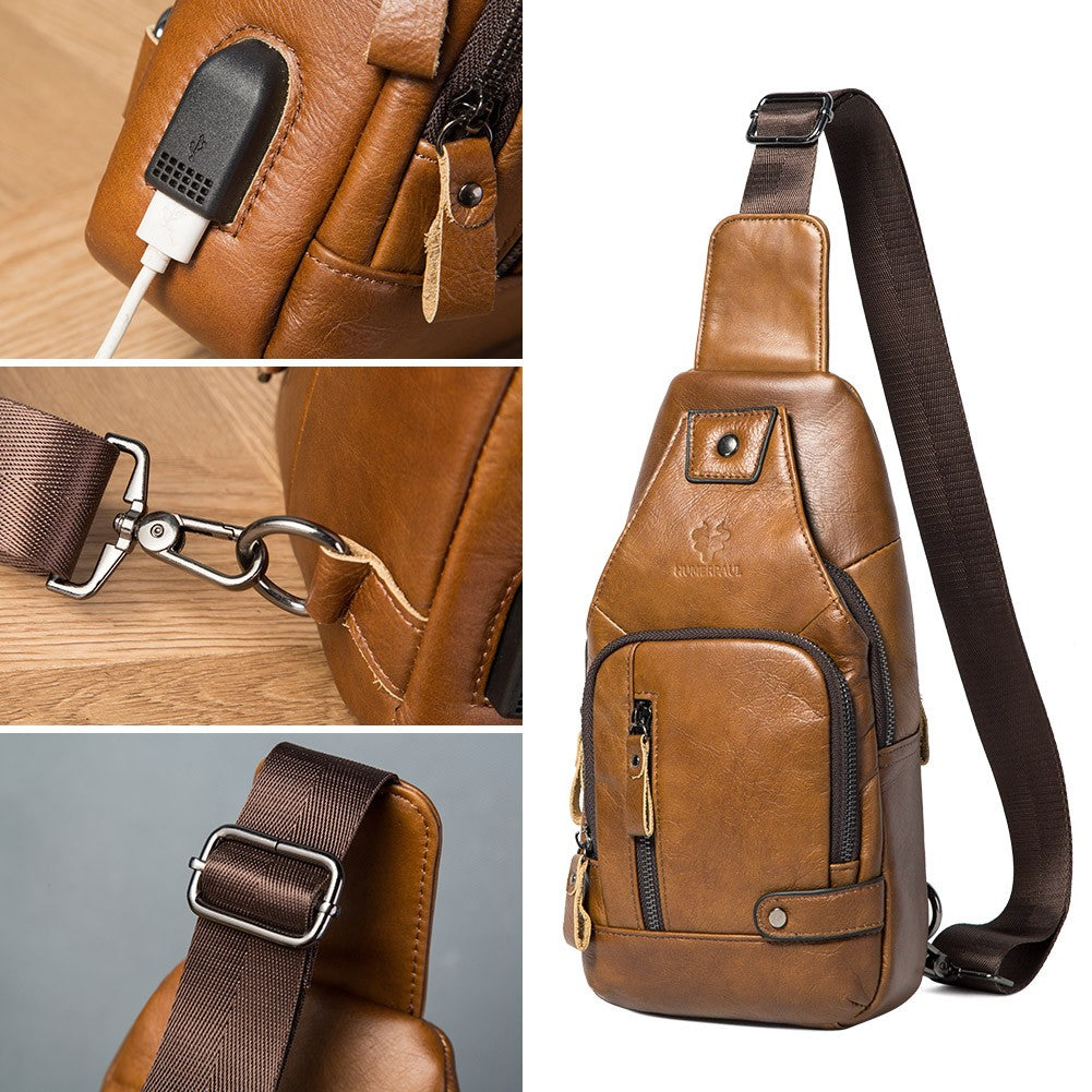 HUMERPAUL Men's Usb Chest Bag 100% Genuine Leather Crossbody Shoulder Bags Multifunction Travel Outdoor Messenger Pack Fashion