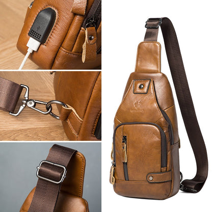 HUMERPAUL Men's Usb Chest Bag 100% Genuine Leather Crossbody Shoulder Bags Multifunction Travel Outdoor Messenger Pack Fashion