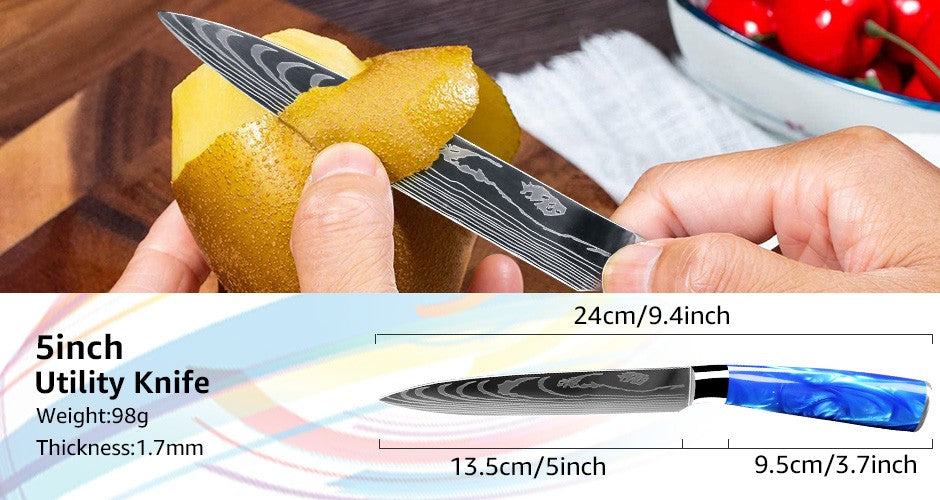 Faca de Cozinha Japonesa Chef 1-10 Peças Conjunto 7CR17 Aço Inoxidável 440C Desenho Damasco Cutelo de Carne Fatiador Santoku Ferramentas de Cozinha