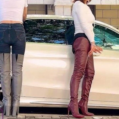Wine Red Matte Leather Thigh High Boots Pointed Toe Stiletto High Heel Side Zipper Women Shoes 2024 Sexy Zapatos Para Mujere