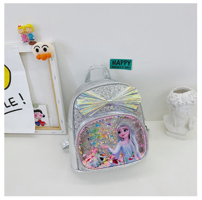 Mochila Mini de Glitter Princesa Elsa de Frozen da Disney, Linda com Laço de Lantejoulas, Bolsa Escolar de Jardim de Infância para Meninas, Desenho Animado Infantil, Mochila de Ombro Duplo