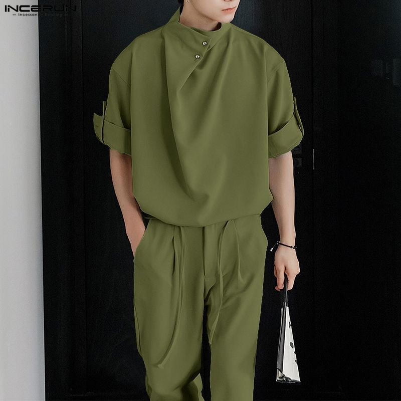 INCERUN Men Sets Solid Color Pleated Shirt & Pants Two Pieces Sets Loose Streetwear 2025 Fashion Men's Casual Suits S-5XL