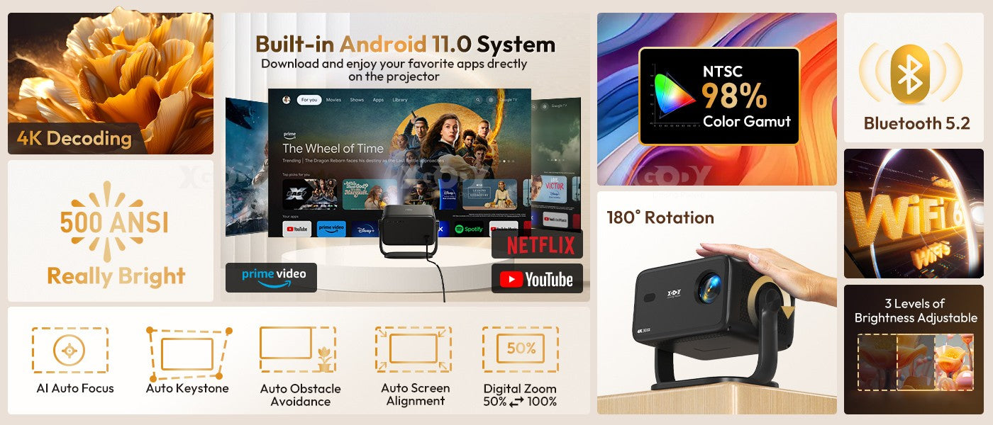 Projetor XGODY A6/N6 Netflix Oficial Controle de Voz 500-600 ANSI Android 4K Beamer Nativo 1080P FHD WiFi Home Theater