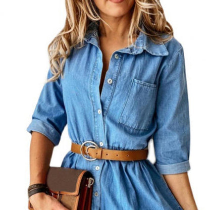 Denim Dress Three Quarter Sleeve with Belt Turn-down Collar Spring Autumn Buttons Ruffle Jeans Dresses for women 2025