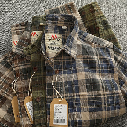 2024 Spring and Autumn New American Retro Woven Plaid Cargo Shirt Men's Simple 100% Cotton Washed Single Pocket Thin Jacket