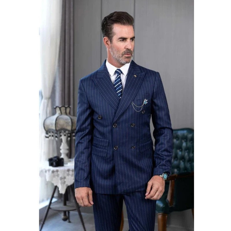 2 Piece Luxury Blue Double Breasted Men Suits Stripe Peak Lapel Flat Front  Jacket Pants Formal Office Business Work Full Sets