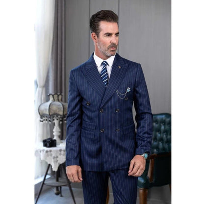 2 Piece Luxury Blue Double Breasted Men Suits Stripe Peak Lapel Flat Front  Jacket Pants Formal Office Business Work Full Sets