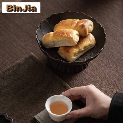 Qingxi Purple Pottery Tea Pastry Plate Handmade High Foot Dried Fruit Snack Large Integrated Drain Dessert Candy Dish Gift