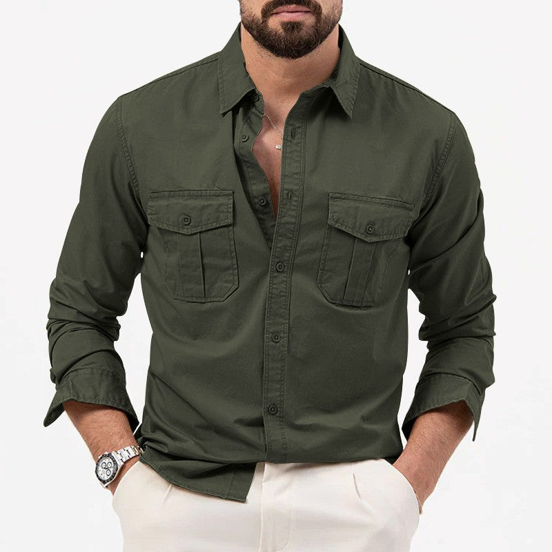 Safari Cotton Shirts Mens Outdoor Work Travel Button Down Tops Casual Long Sleeve Hiking Camping Utility Shirt With Flap Pocket