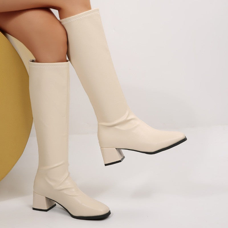 Winter Women Knee High Boots Cosy Soft Leather Thick Heel Shoes Female Vintage Slim Long Booties Zapatos De Muje