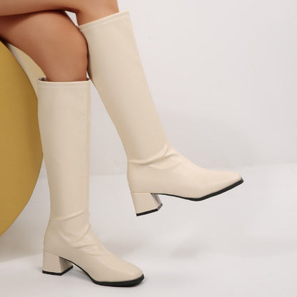 Winter Women Knee High Boots Cosy Soft Leather Thick Heel Shoes Female Vintage Slim Long Booties Zapatos De Muje